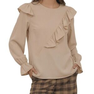 Collection by Cezele Ruffle Blouse Women Large Beige  Long Sleeve Top